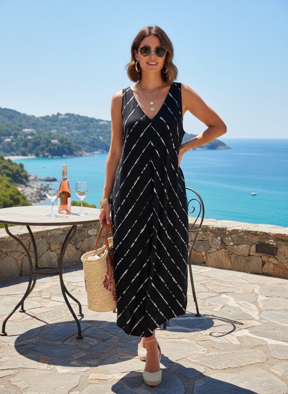 Linen Blend Ikat Maxi Dress with Pockets